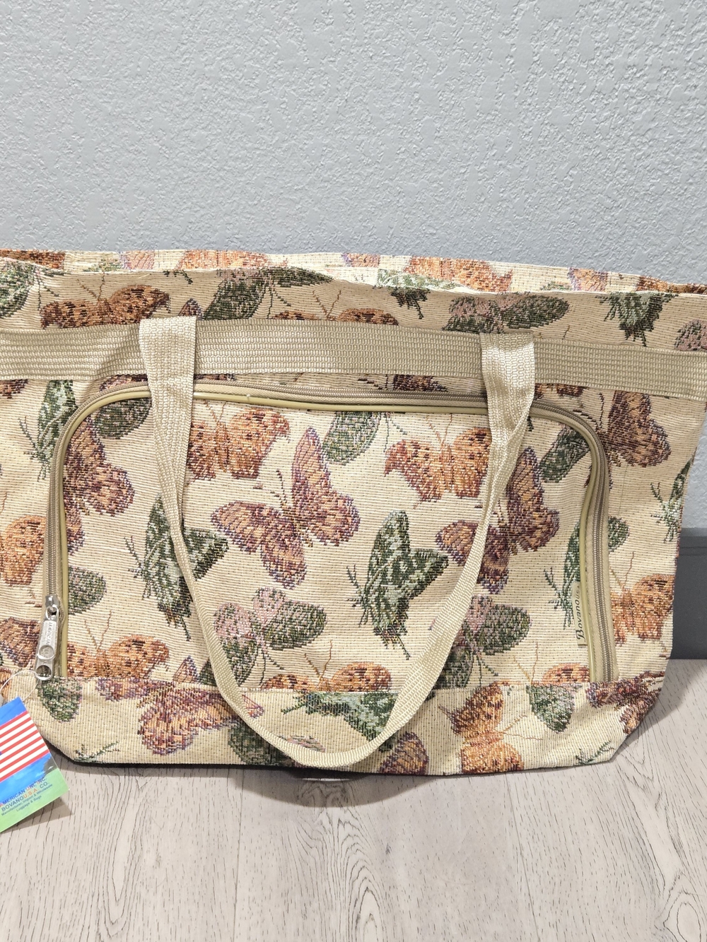 New Vintage Bovano USA Tapestry Canvas Butterfly Shopping Tote Tan NWT Deadstock